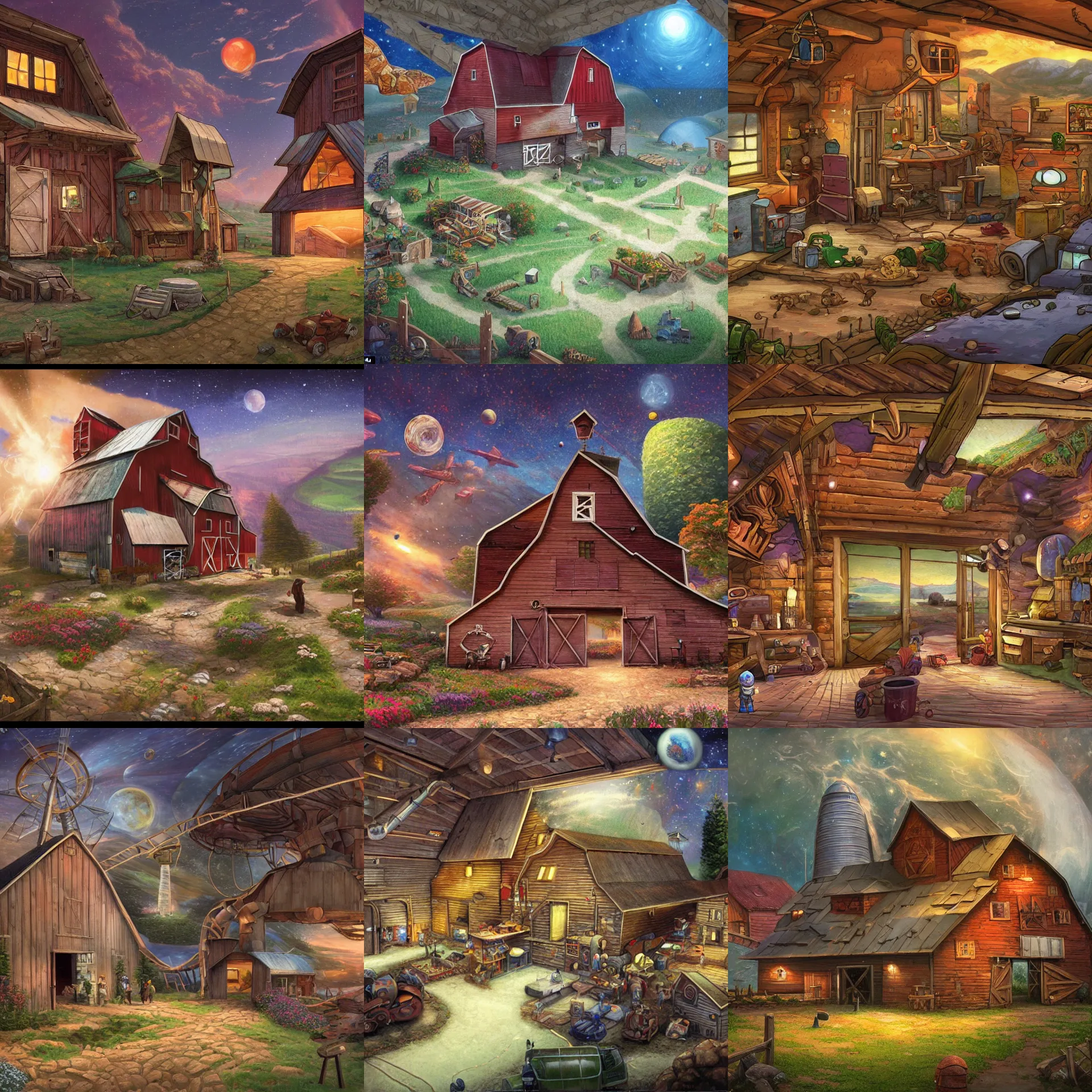 Prompt: inside a barn, on a farm, on a remote planet, from a space themed point and click 2 d graphic adventure game, art inspired by thomas kinkade