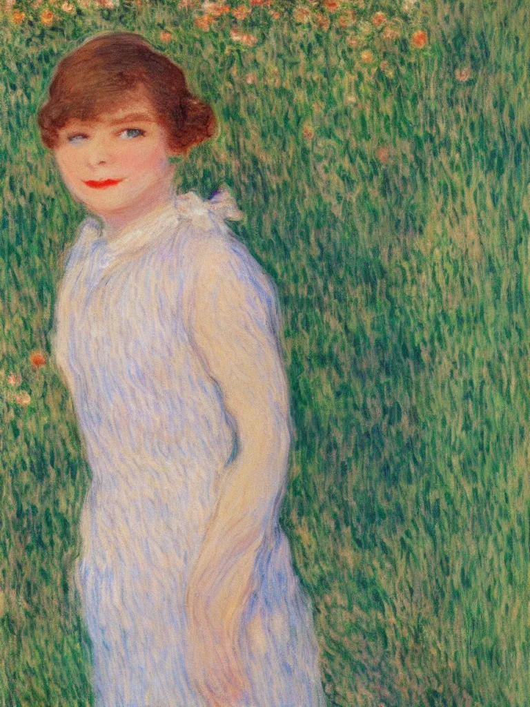 Prompt: a beautiful young girl dressed in 1 9 2 0 s fashion, brown hair, slim, fair, turning her head and smiling, in the sun, out of focus, backlit, close up, oil on canvas, by monet, in the style of le promenade