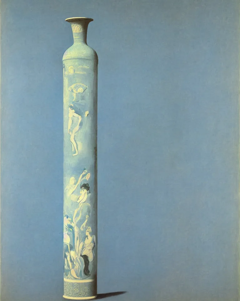 Image similar to achingly beautiful print of intricately painted ancient greek lekythos on a baby blue background by rene magritte, monet, and turner.