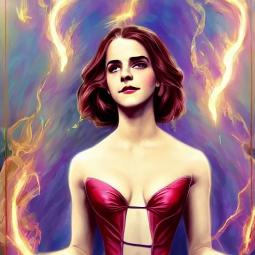 Image similar to emma watson as jessica rabbit, wand with crackling blue lightning, fantasy, intricate, elegant, highly detailed, digital painting, artstation, concept art, matte, sharp focus, illustration, in the style of magic the gathering, art by artgerm and greg rutkowski and alphonse mucha