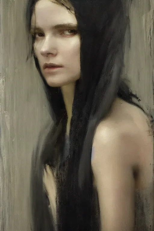 Prompt: Richard Schmid and Jeremy Lipking and Roberto Ferri full length portrait painting of a young beautiful evil fantasy priestess covered head in black except for face