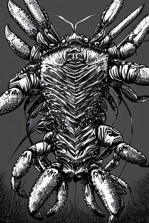 Image similar to armoured warrior humanoid crab monster, symmetrical, highly detailed, digital art, crab themed armour, sharp focus, trending on art station, kentaro miura manga art style