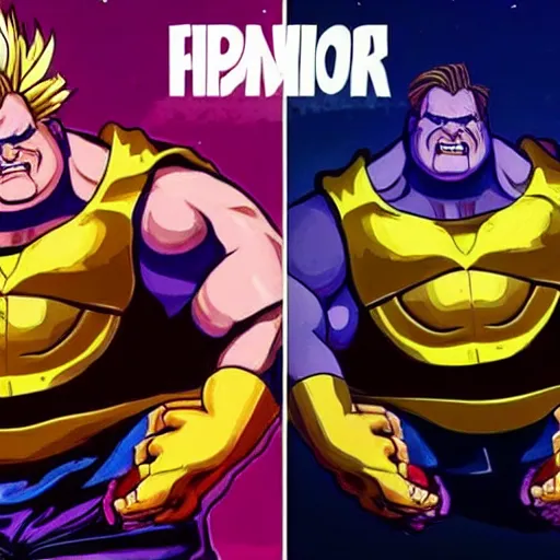 Prompt: Chris Farley as thanos going Super Saiyan (REUTERS), trending on ArtStation, trending on reddit, trending on twitter