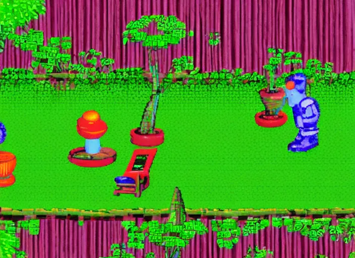 Prompt: screenshot of a sega saturn game about robot gardeners