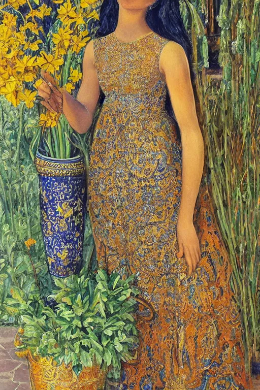 Image similar to girl waer detailed golden arabesque dress with a lot of narcissus in persian pot, painting by alberto mielgo