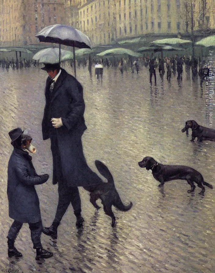 Prompt: Dachshund in rainy weather in Paris, oil painting by Gustave Caillebotte