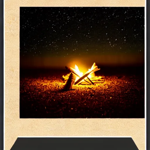 Image similar to a comfy crackling outdoor campfire in front of a very dark background of yellow illustrated stars, astrophotography, warm muted colors, cut paper photo collage with photograph and illustration