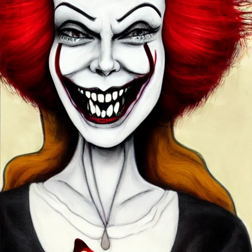 Image similar to grunge cartoon painting of margot robbie with a wide smile and a red balloon by chris leib, loony toons style, pennywise style, corpse bride style, horror theme, detailed, elegant, intricate