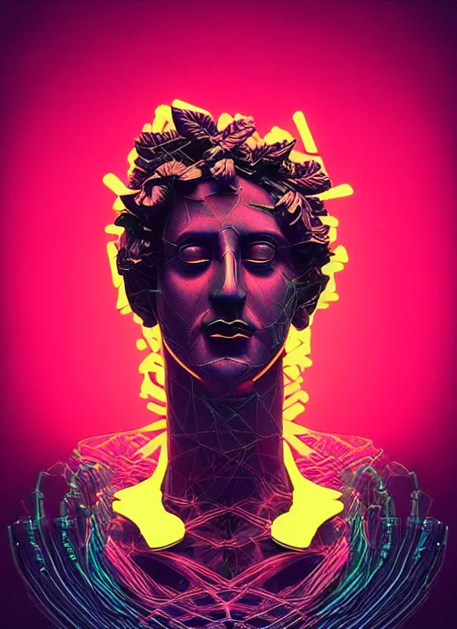 Prompt: statue of dionysus, beeple, android jones, dan mumford, vaporwave, retrowave, black background, neon wiring, black, glitch, strong contrast, cuts, pinterest, trending on artstation