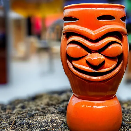 Image similar to a closeup photorealistic photograph of a glossy orange cat garfield style tiki mug sitting at a trader vic's beach bar featuring garfield's face. tiki theme. bright scene. fine detail. this 4 k hd image is trending on artstation, featured on behance, well - rendered, extra crisp, features intricate detail, epic composition and the style of unreal engine.