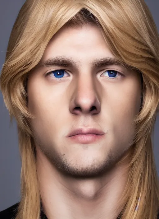 Image similar to portrait of a blond handsome man with long hair, anime inspired, High Res 8K,hyperdetailed