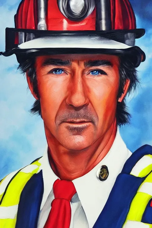 Prompt: photo realistic painting of randy mantooth as a fire fighter, vivid colours, highly detailed, dramatic lighting, exotropia eyes