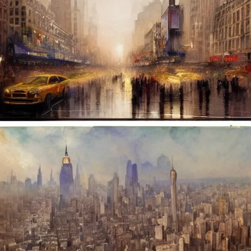 Prompt: a beautifull intricate watercolour painting of a new york city scene, reflexions, verry high details by william turner art, greg rutkowski and alphonse mucha, trending on artstation, very very detailed, masterpiece, muted colors