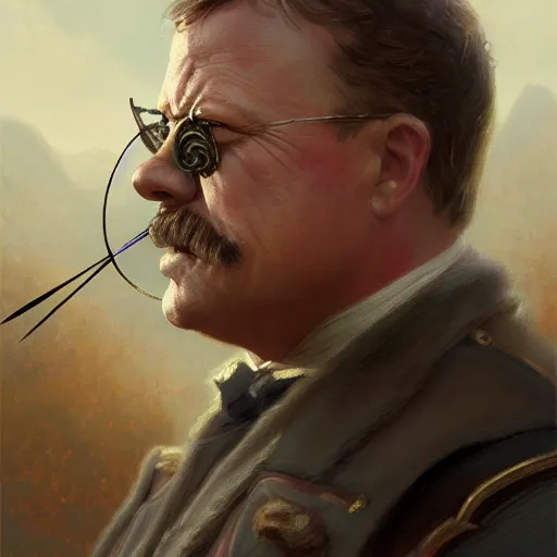 Prompt: portrait of Theodore Roosevelt as Hawkeye, fantasy, intricate, elegant, digital painting, trending on artstation, concept art, sharp focus, illustration by Gaston Bussiere and artgerm, 4k.