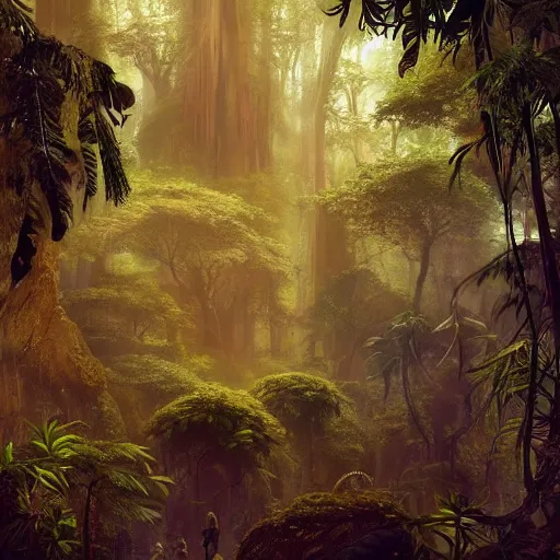 Prompt: cinematic shot of a sci-fi jungle made of trees and animals digital painting, artstation, concept art, soft light, hdri, smooth, sharp focus, illustration, fantasy, intricate, elegant, highly detailed, D&D, matte painting, in the style of Greg Rutkowski and Alphonse Mucha and artemisia, 8k, highly detailed, jurgens, rutkowski, bouguereau, pastoral, rustic, georgic