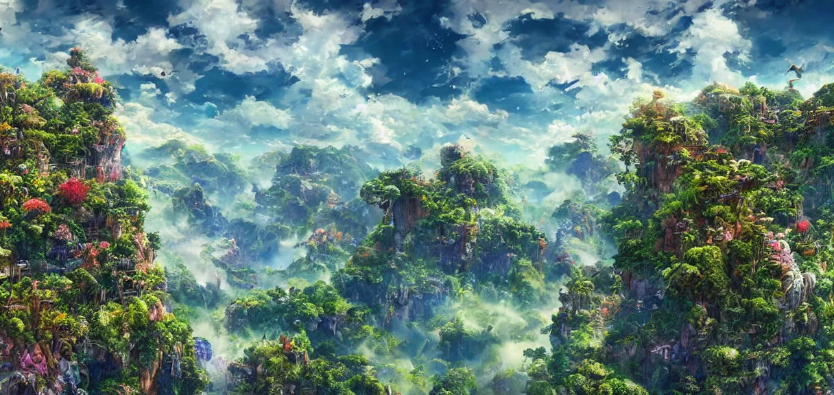 Image similar to the landscape of an unimaginable and beautiful place with all types of colorful vegetation in the clouds, beyond the physical realm, an ultrafine hyperdetailed illustration by kim jung gi, irakli nadar, intricate linework, bright colors, octopath traveler, final fantasy, unreal engine 5 highly rendered, global illumination, radiant light, detailed and intricate environment