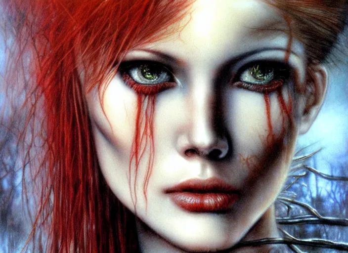 Prompt: award winning face close up portrait of a redhead in a park by luis royo and eyes by hr giger