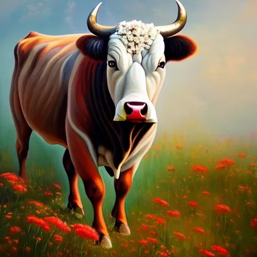 Image similar to beautiful oil painting depicting a scene with a bull who's skin completely covered by flowers and plants, fullbody shot, high details, trending on artstation