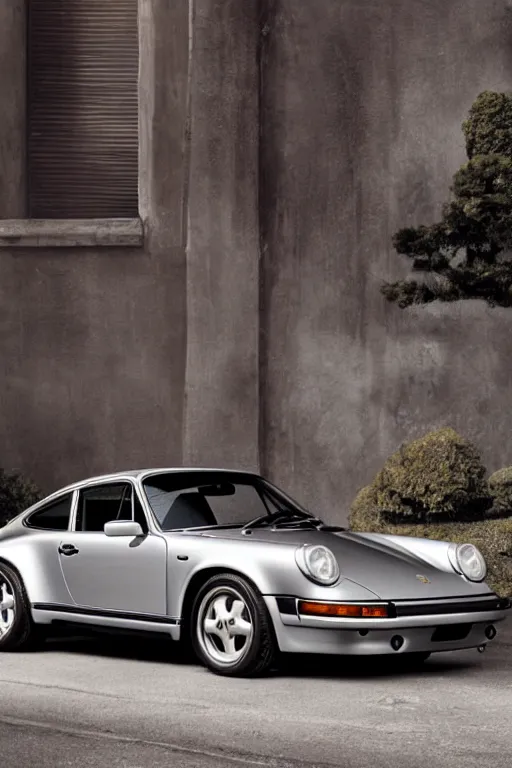 Image similar to Photo of a silver Porsche 911 Carrera 3.2, daylight, dramatic lighting, award winning, highly detailed, 1980s Versace ad, Fashion photography