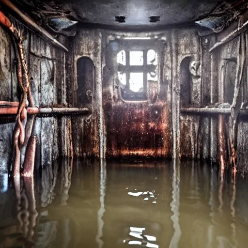 Image similar to the interior of a flooded rusty shipwreck, dark, scary lighting, scary, creepy, eerie, horror, submechanophobia, murky water, photo,