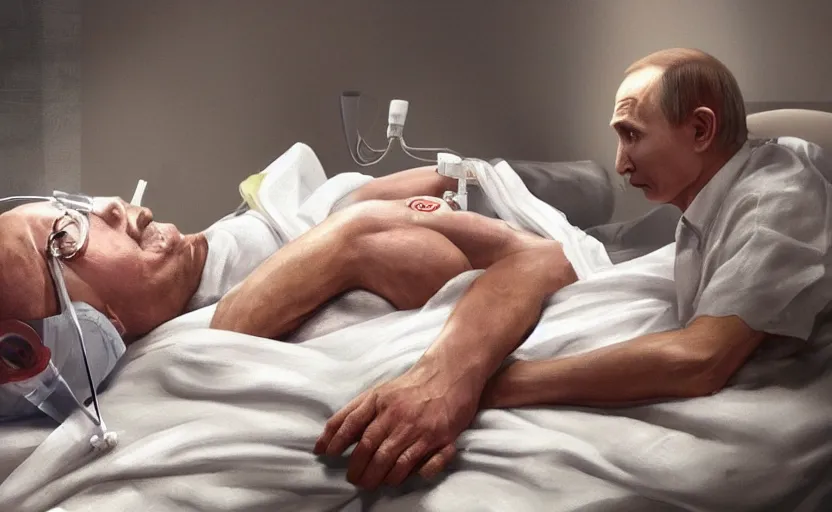 Prompt: hyperrealistic painting of very ill Vladimir Putin as a patient wearing an oxygen mask on a death bed inhaling from Copium tank that stand near his bed, artstation, matte painting, highly detailed, intricate, concept art, game art, octane render, 8k, unreal engine