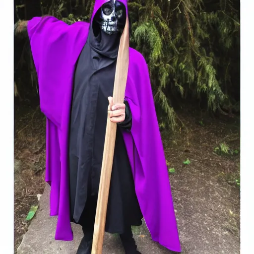 Image similar to grim reaper, purple cloak, full body