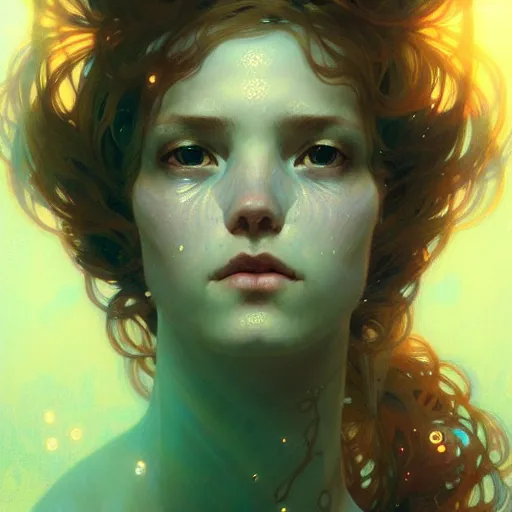 Prompt: Portrait of a girl underwater surrounded by light rays, face, fantasy, intricate, elegant, highly detailed, digital painting, artstation, concept art, smooth, sharp focus, illustration, art by Krenz Cushart and Artem Demura and alphonse mucha