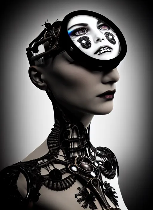 Image similar to 1 9 3 0 black and white gothic masterpiece profile face portrait, one steampunk eye biomechanical beautiful young female cyborg - vampire, body meshes, big monocular, volumetric light, hibiscus flowers, by hg giger, rim light, big gothic fashion pearl embroidered collar, 8 k