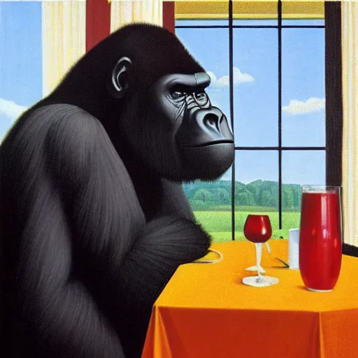 Image similar to a gorilla takes you out for a nice dinner by Raphael, Hopper, and Rene Magritte. detailed, romantic, enchanting, trending on artstation.