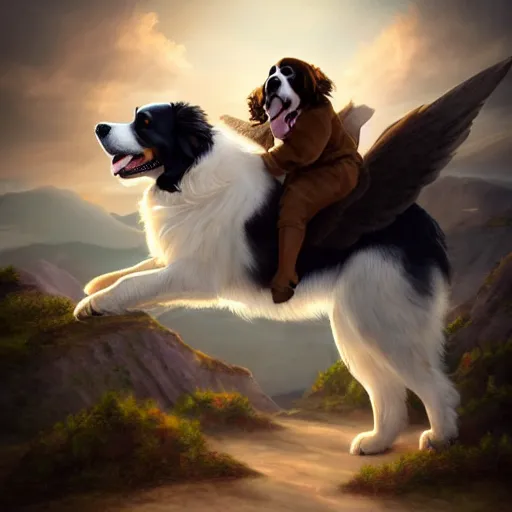 Image similar to an angel riding a giant Bernese mountain dog in heaven, trending on artstation