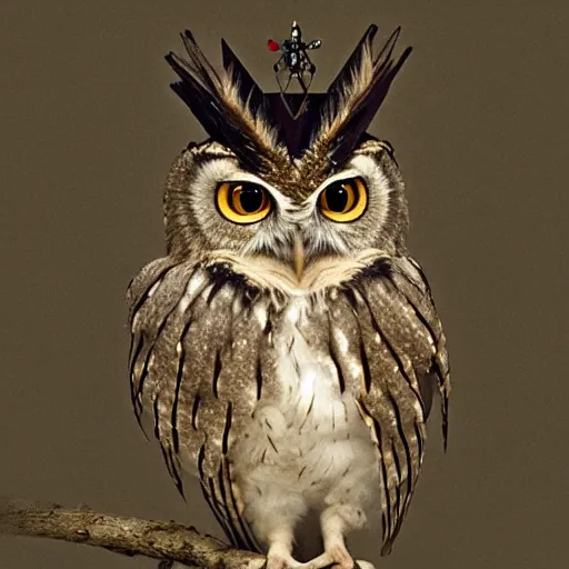 Image similar to a renaissance style portrait of an Eurasian scops owl (Otus scops) wearing a crown and a cape, dark background