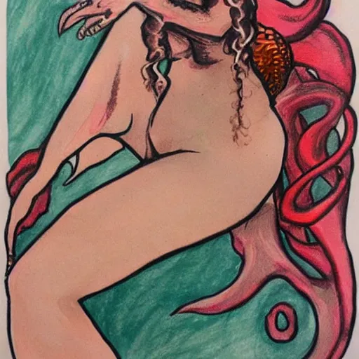 Image similar to octopus wrapped around a mermaid pinup, drawing