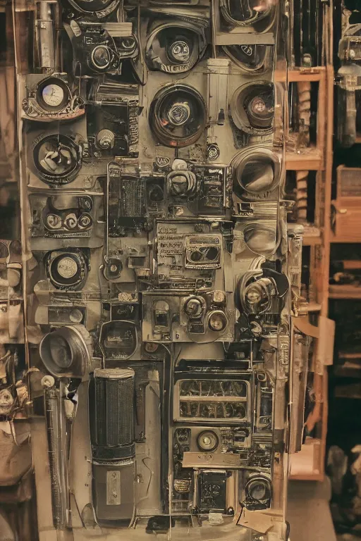 Image similar to a photo taken by someone who doesn't know how to use a camera, the most complex kodak camera ever made with vacuum tubes, capacitors and coils inside, through a dirty store window by Wes Anderson, grungy, weathered Ultra detailed, hyper realistic, 4k