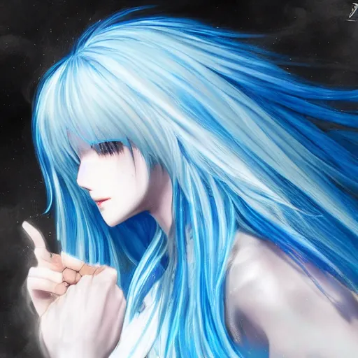 Image similar to side profile of rimuru tempest looking down with sky blue hair, long hair, gold eyes, high collar, 3 5 mm, black jacket | shiny, highly detailed, rain, professional digital painting, concept art, award - winning photography, cinematic, wlop | art by pixiv art, yoshitaka amano, deviantart