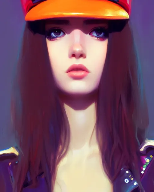 Prompt: mango girl wearing a candy hat and leather jacket, fine detail!! anime!! realistic shaded lighting!! digital painting by ilya kuvshinov, magali villeneuve, artgerm, jeremy lipkin and michael garmash and rob rey