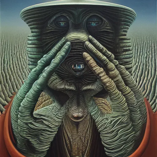 Image similar to anonymous by jacek yerka, alex gray, zdzisław beksiński, dariusz zawadzki, jeffrey smith and h.r. giger, oil on canvas, 8k highly professionally detailed, trending on artstation