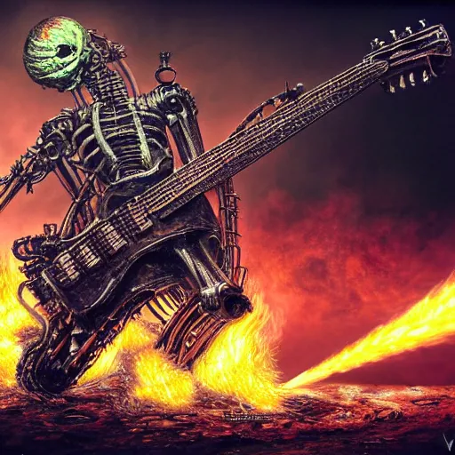 Image similar to flamethrower guitar robot by Yoshitaka Amano, by HR Giger, biomechanical, 4k, hyper detailed, hyperrealism, anime, a Blood Moon rising on a Broken World, deviantart, artstation