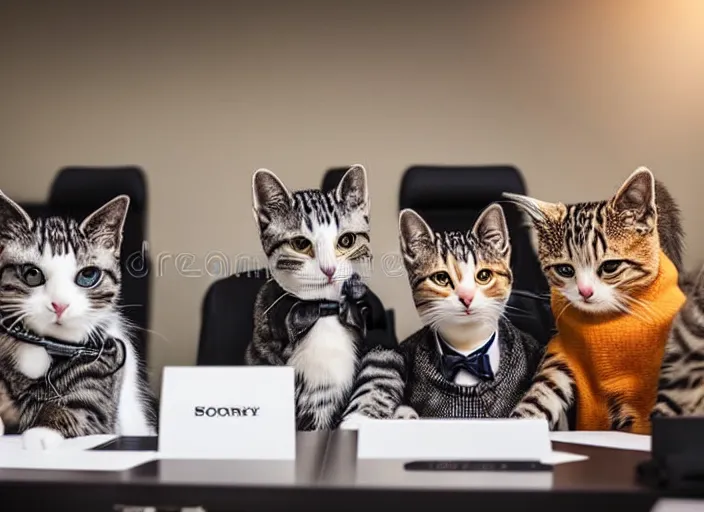 Image similar to photo of a management board meeting of well dressed cats. Highly detailed 8k. Intricate. Sony a7r iv 55mm. Stock photo.