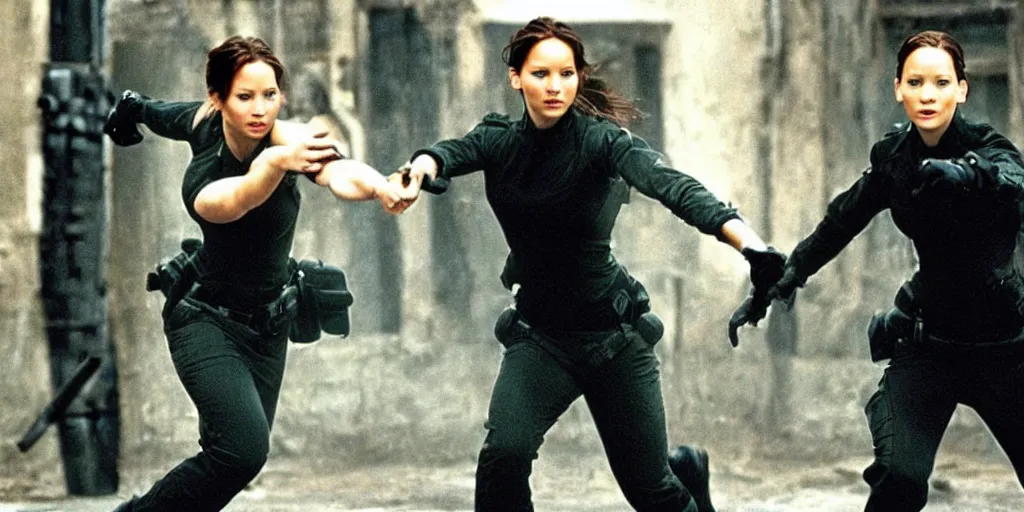 Prompt: Jennifer Lawrence fighting agents in matrix