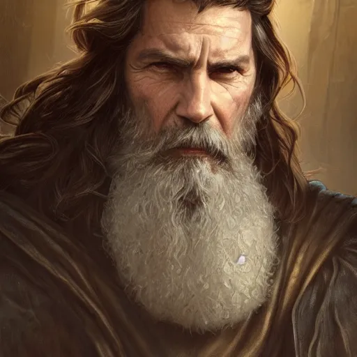 Image similar to portrait of a ruggedly handsome cleric, soft hair, muscular, half body, leather, hairy, d & d, fantasy, intricate, elegant, highly detailed, digital painting, artstation, concept art, smooth, sharp focus, illustration, art by artgerm and greg rutkowski and alphonse mucha