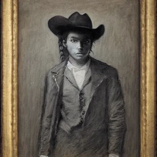 Image similar to portrait of a young action hero cowboy monster hunter, by alfred stevens in charcoal