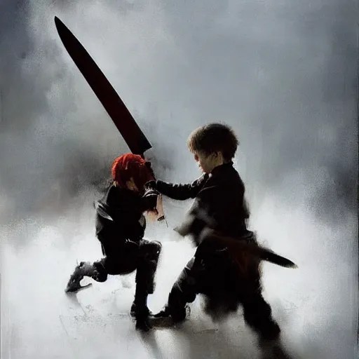 Image similar to a sword fight between a man and his much younger kid brother. Ruan Jia, Phil Hale