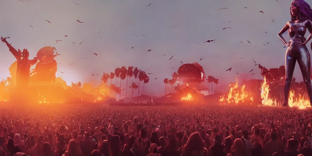 Prompt: realistic cinematic views of a orwellian coachella with fires in the background and dead seagulls falling from the sky in front of the main stage worshipping a large statue of kylie jenner, hyper detailed, terror glows, hyper realistic, digital painting, 8 k, 3 5 mm film grain, octane render