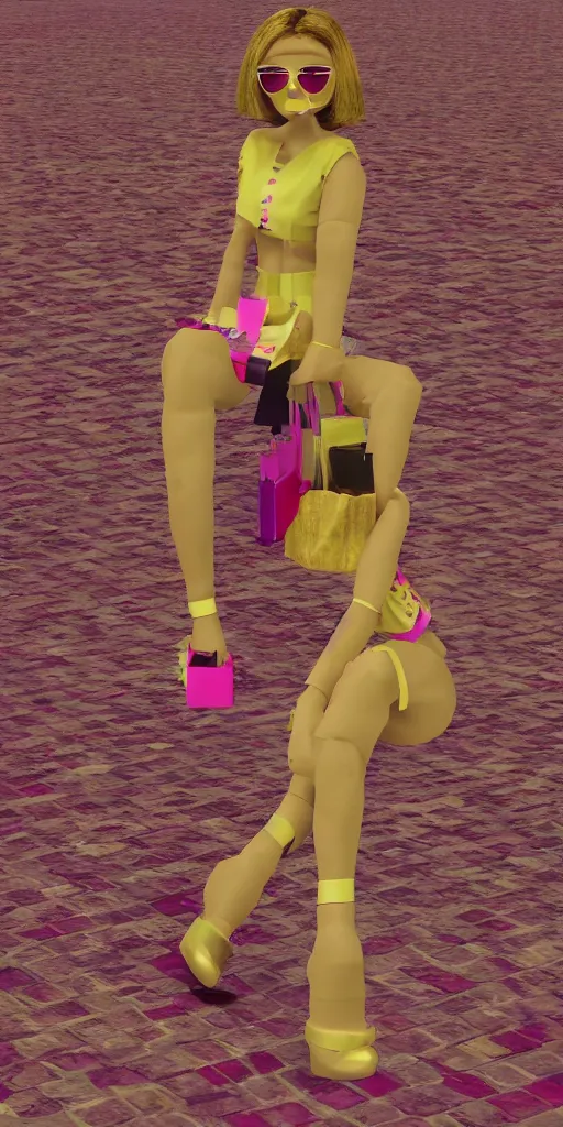 Image similar to 3d glitched malice yellow glitched legs doll carrying a pink fashion bag in a street city psx rendered early 90s net art n64