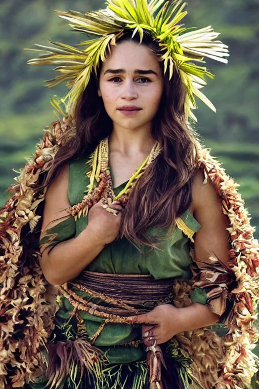 Image similar to Photo of Native Hawaii woman Emilia Clarke, portrait, skilled dancer in Hawaiian national costume, ancient, realistic, detailed, Emilia Clarke