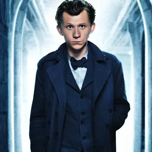 Image similar to tom holland as a rough dirty old man with a scruffy beard in a dark blue trenchcoat as the new doctor who, cinematic, volumetric lighting, f 8 aperture, cinematic eastman 5 3 8 4 film, photorealistic