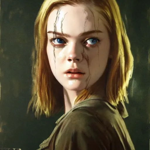 Prompt: ultra realistic portrait painting of elle fanning in resident evil 2 0 0 2, art by frank frazetta, 4 k, ultra realistic, highly detailed, epic lighting