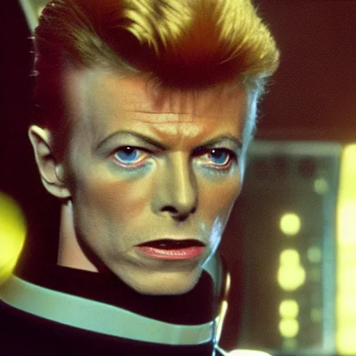 Prompt: A young David Bowie on the bridge of a starship, movie still,colour