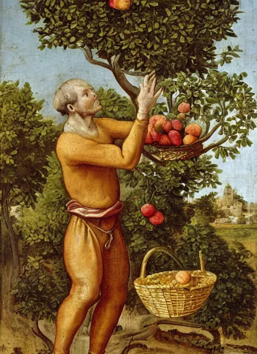 Image similar to a 1 6 th century oil painting of a medieval peasant picking fruit from a tree, holding a basket. high quality scan