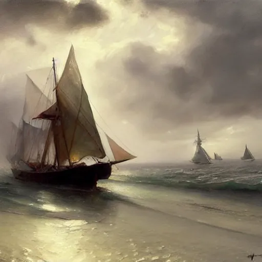 Prompt: oil painting of boat with translucent sail, backlit ship with storm clouds and harbour in distant background, foggy, details, decorative, art by anders zorn, wonderful masterpiece by greg rutkowski, beautiful cinematic light, american romanticism by greg manchess, creation by tyler edlin